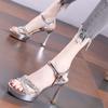 Silver Waterproof Table High Heels Women's 2025 Summer New Open-toed Word with Internet Celebrities Sexy Platform Patent Leather Sandals
