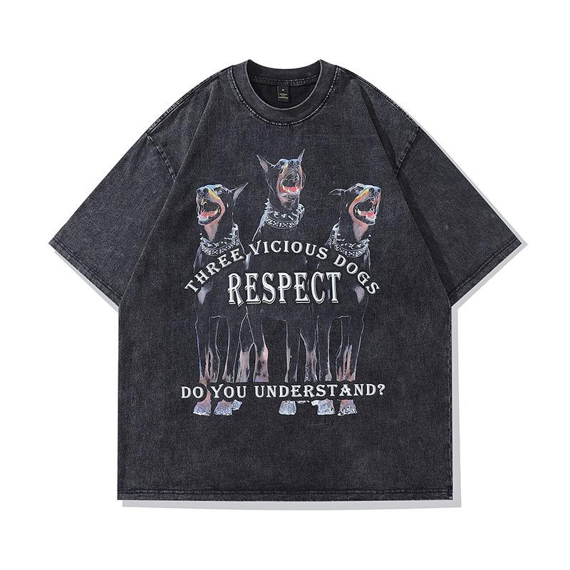 T-shirt a manica corta lavata effetto invecchiato con stampa Doberman, Direct Spray, High Street, Brand Trendy Retro Americano, Maglietta a mezza manica da uomo e da donna