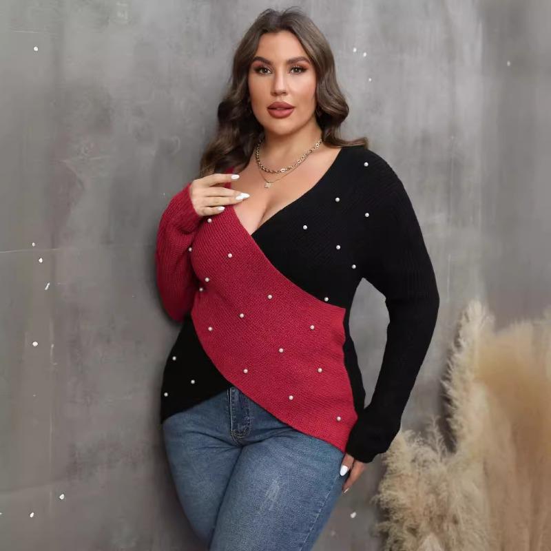 Women Plus Size Color Block Beaded Deep V Cross Long Sleeve Sweater