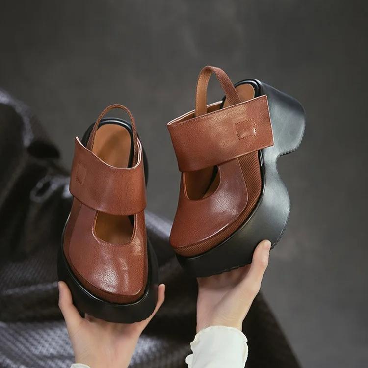 Johnature Sandale Retro cu Vârf Rotund și Talpă Groasă Versatile din Piele Naturală cu Toc Gros Pantofi cu Platformă pentru Femei