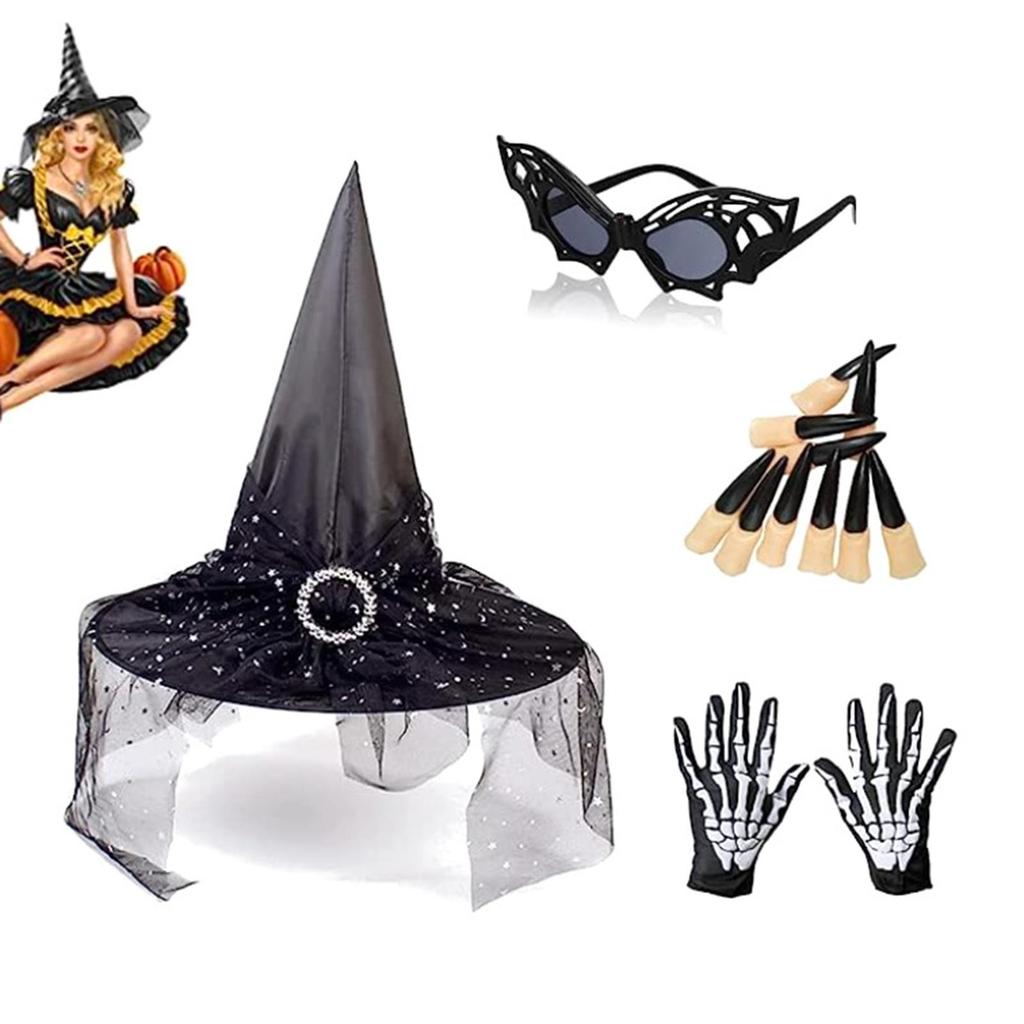 Halloween Witch Hat Pointed Adult Fancy Dress Oxford Cloth Modern Witches with Gauze Wizard