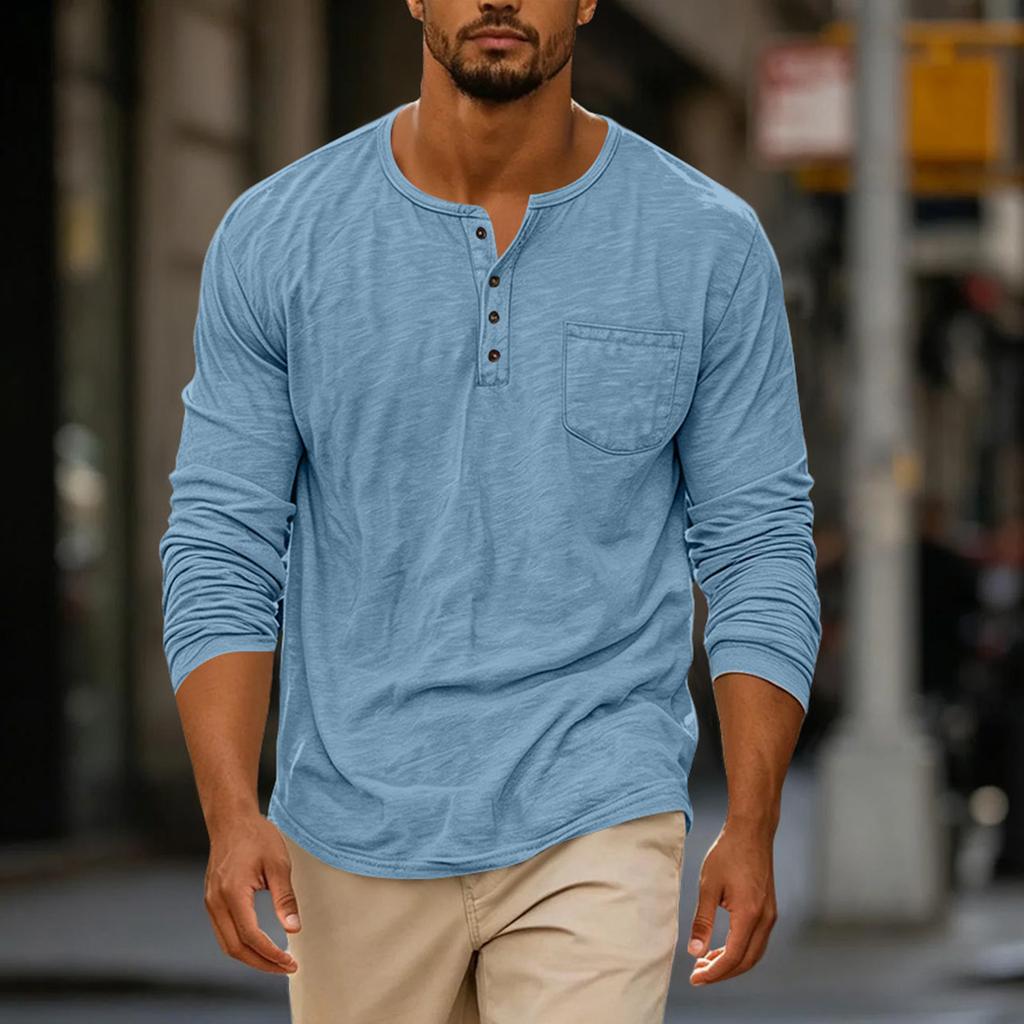 Men's Casual Long Sleeve Round Neck Shirt with Button Front and Pockets
