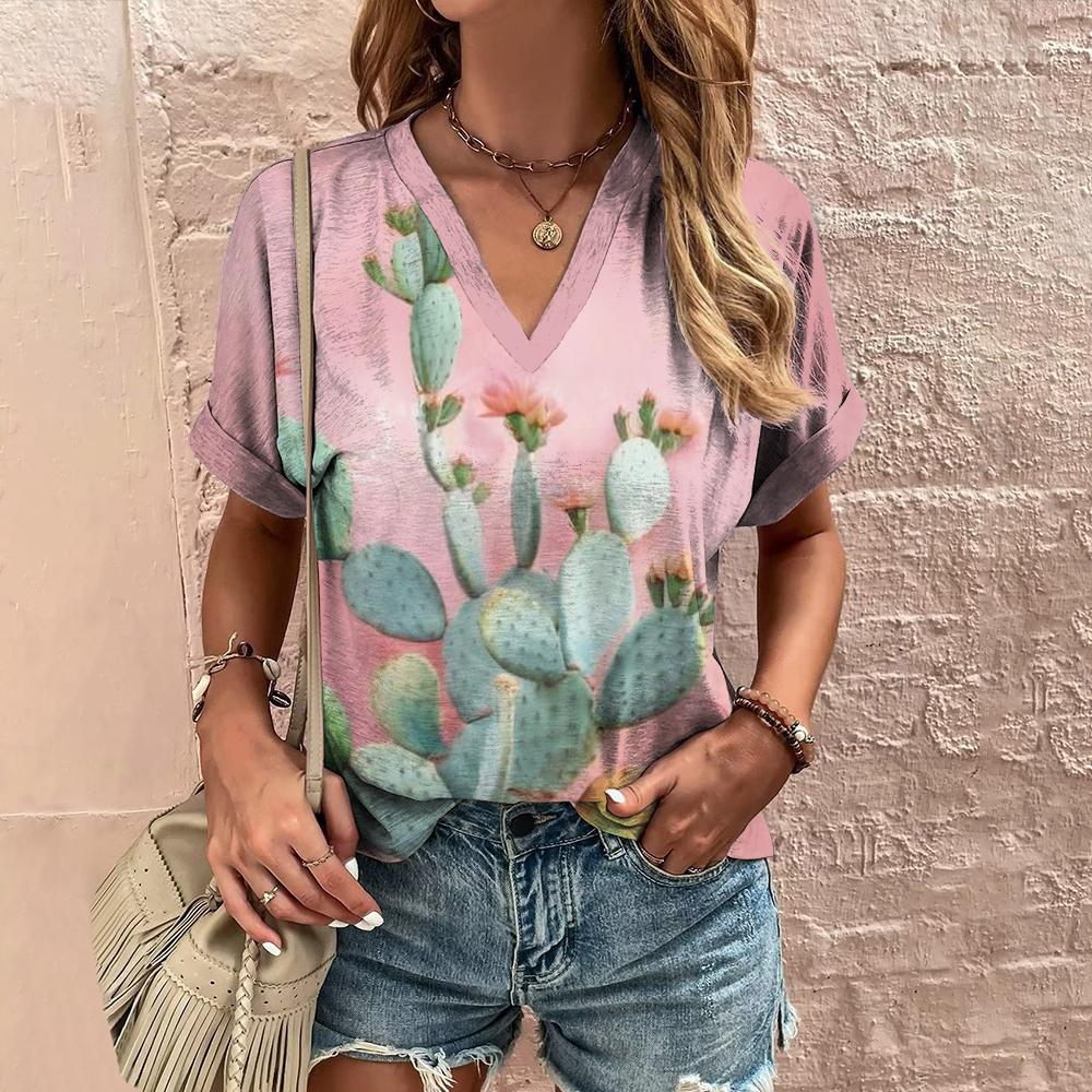 Summer Women's T-shirt V-neck Short-sleeved Floral Graphic Printing Outdoor T-shirt Women's Casual Clothing Street Shirt