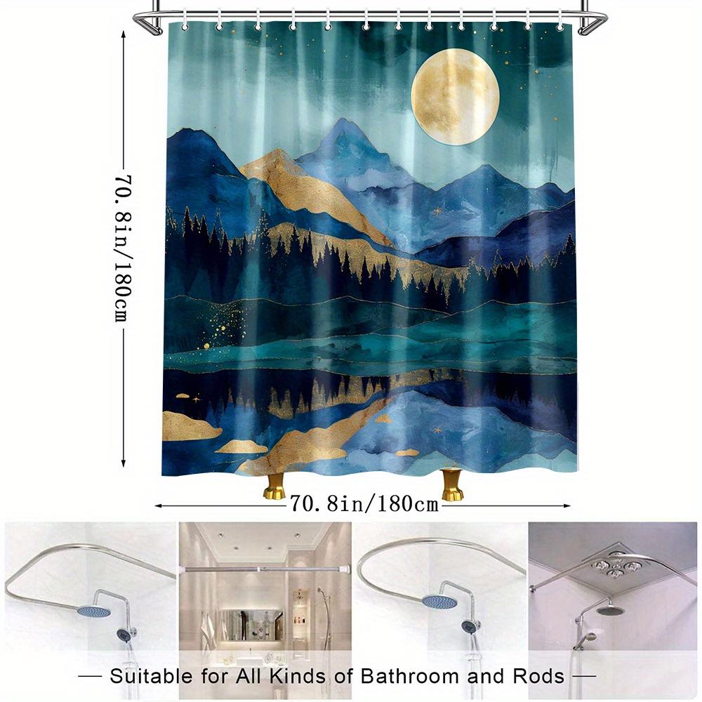1Pc Modern Art Mountain Night Landscape Shower Curtain-Polyester Fabric Bathroom Decoration With 12 Hooks, Home Decoration,