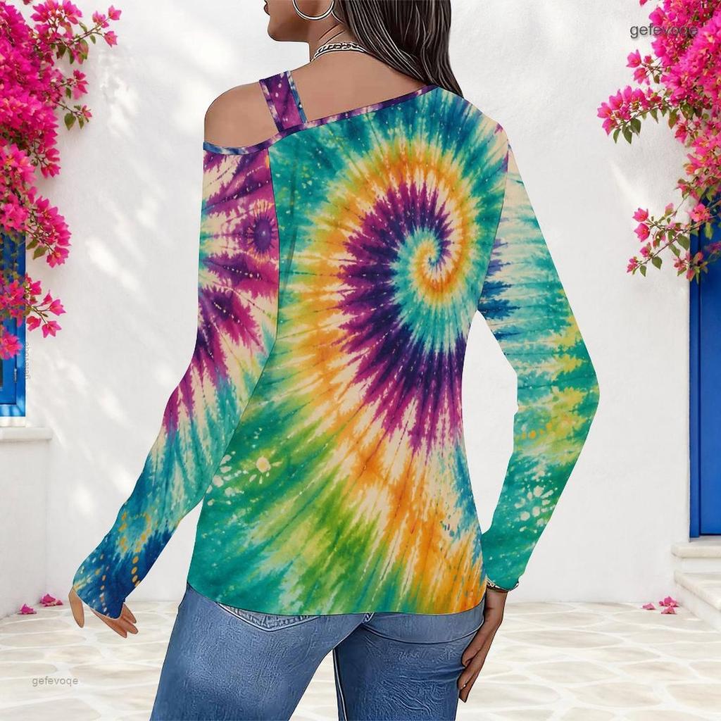 Women Plus Size Asymmetric Cutout Neck Cold Shoulder Long Sleeve Multicolor Printed Fitted Top