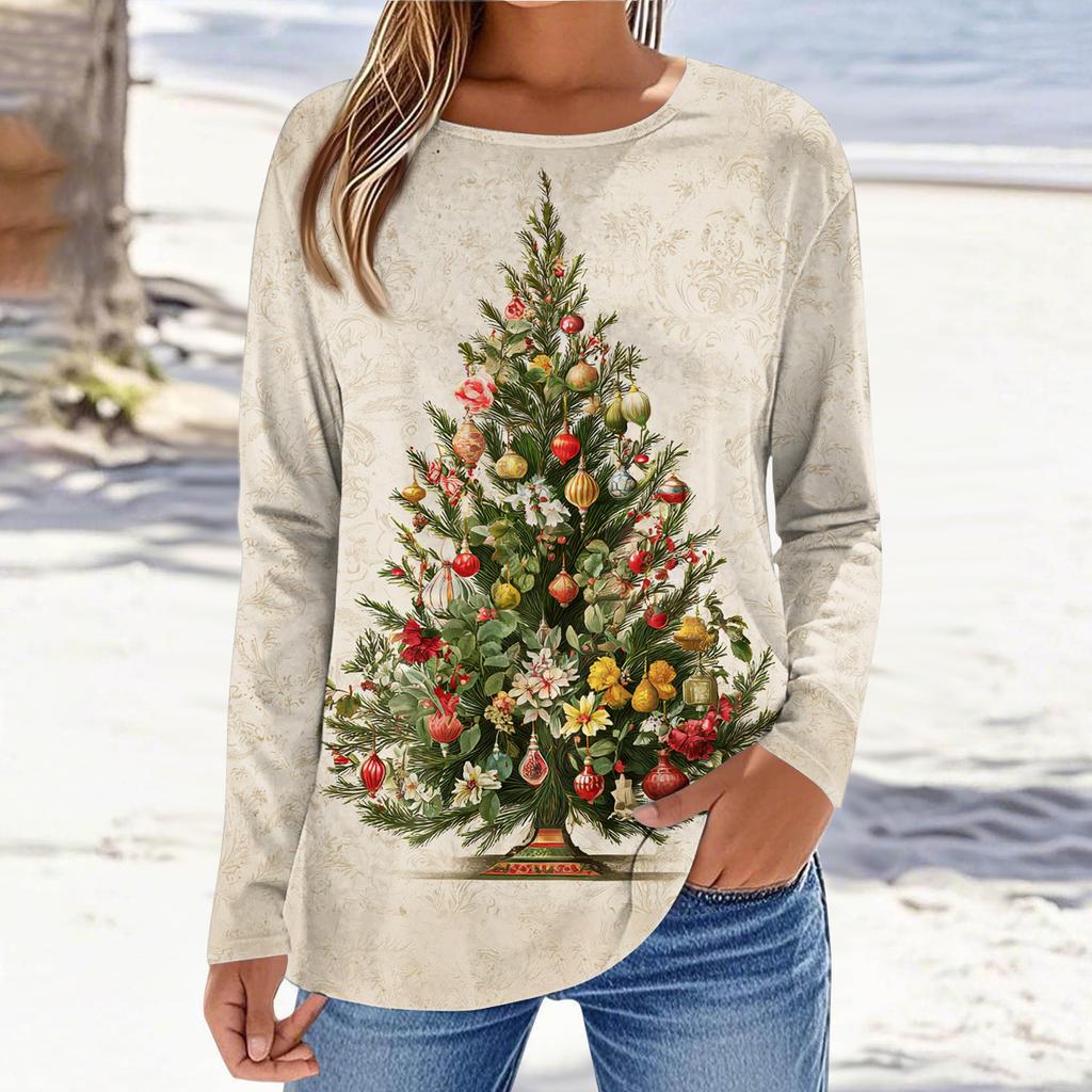 Dammode Casual Långärmad Jultryckt Rundhalsad Topp