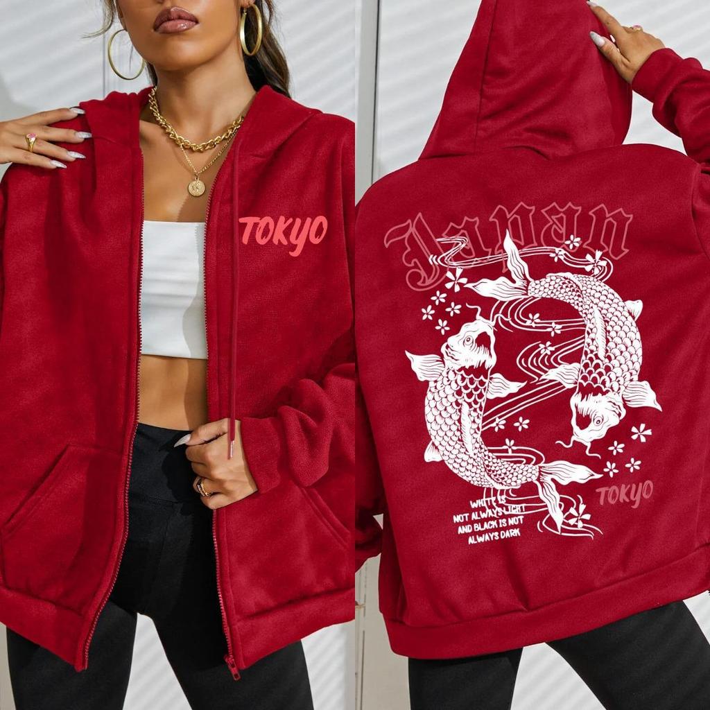 Japan Tokyo Harajuku Koi Fish Printed Hoody Women Soft Sportswears Street Zipper Hoodies Autumn Fleece Casual Sportswear