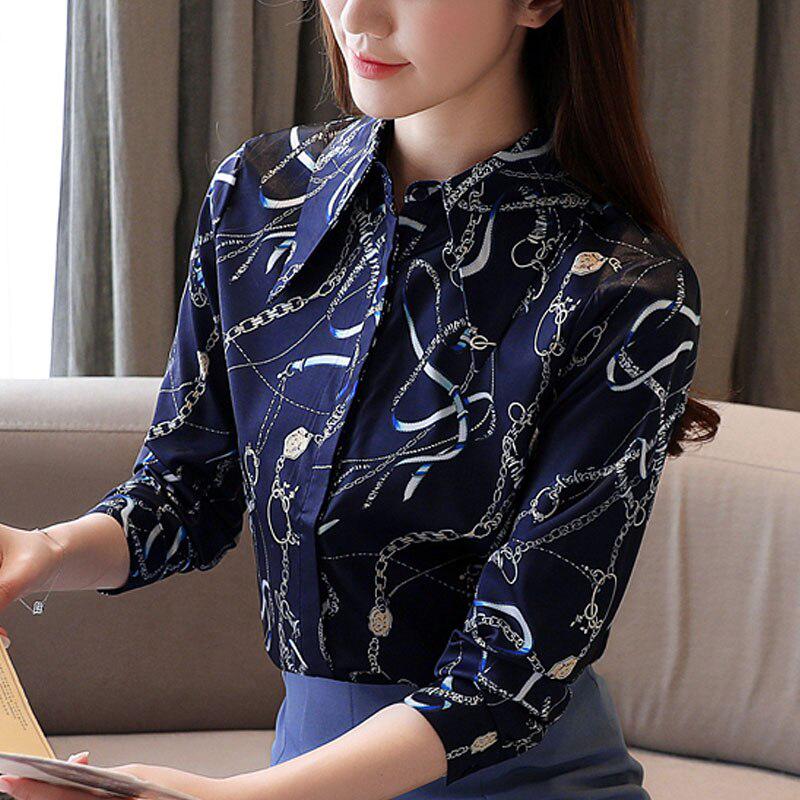 

SURE XIAO STORY Модные женские топы Blusas Mujer De Moda 2024 Шифоновая блузка для женщин Винтаж S синий