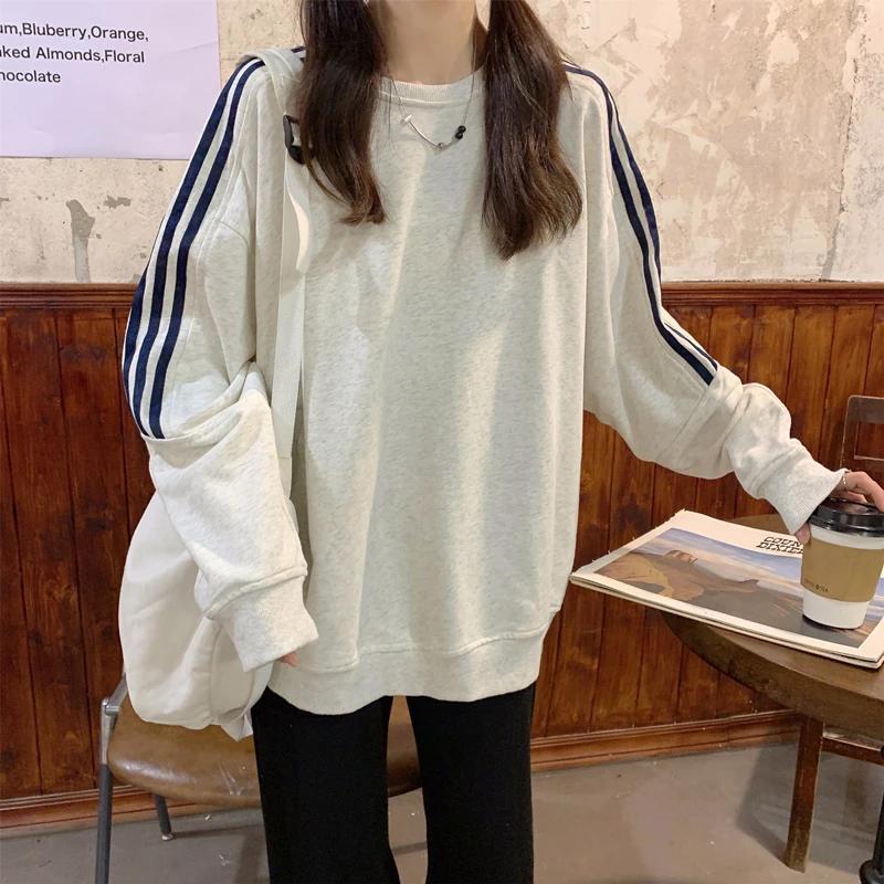 Autumn and Winter Sweatshirt Women Loose Striped Splicing Long Sleeve Tops Casual Versatile Female Winter Clothes Women