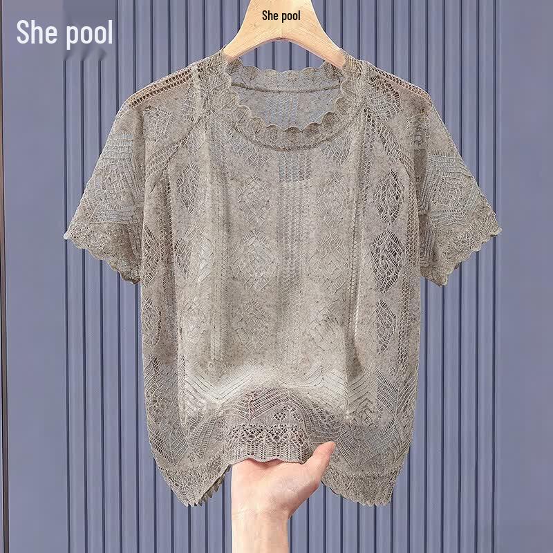 Women s Openwork Linen Blend Short Sleeve Knit Top One Size хаки