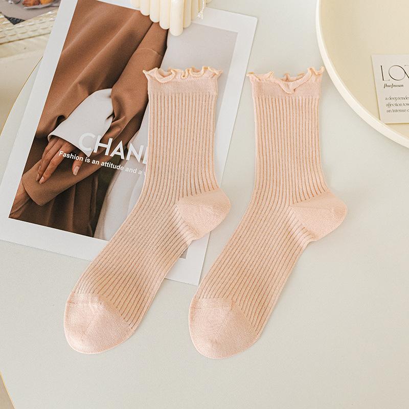 

Женские летние тонкие носки до середины голени с милым кружевом и сетчатой вставкой в виде вертикальной полосы, дышащие 1 pair розовый