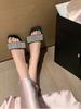 2025 summer new French square head rhinestone slippers women's fashion versatile flat bottom cool slippers women's summer wear