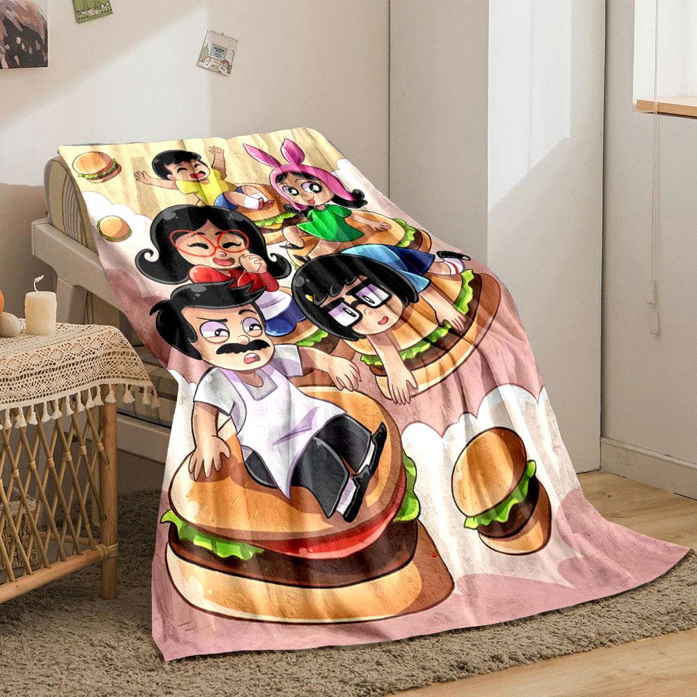 Cartoon Characters Sitting or Playing On Giant Floating Hamburgers. for All Seasons Blanket Lunch Break Throw Gift