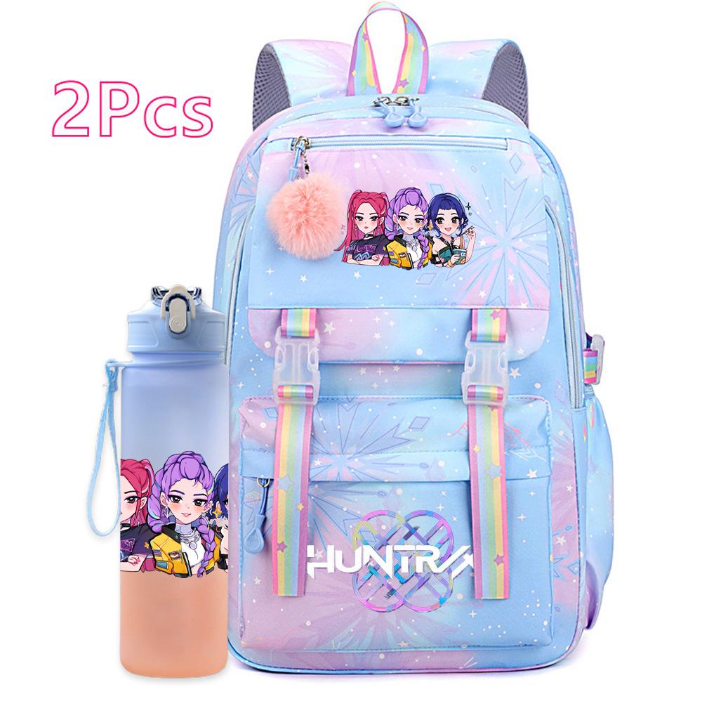 2Pcs/set New Anime Kpop Printed Backpack with 750Ml Water Bottler Large Capacity Travel Bag for Teenager Girl Boy Bookbag Kid Gift Large Capacity Bag