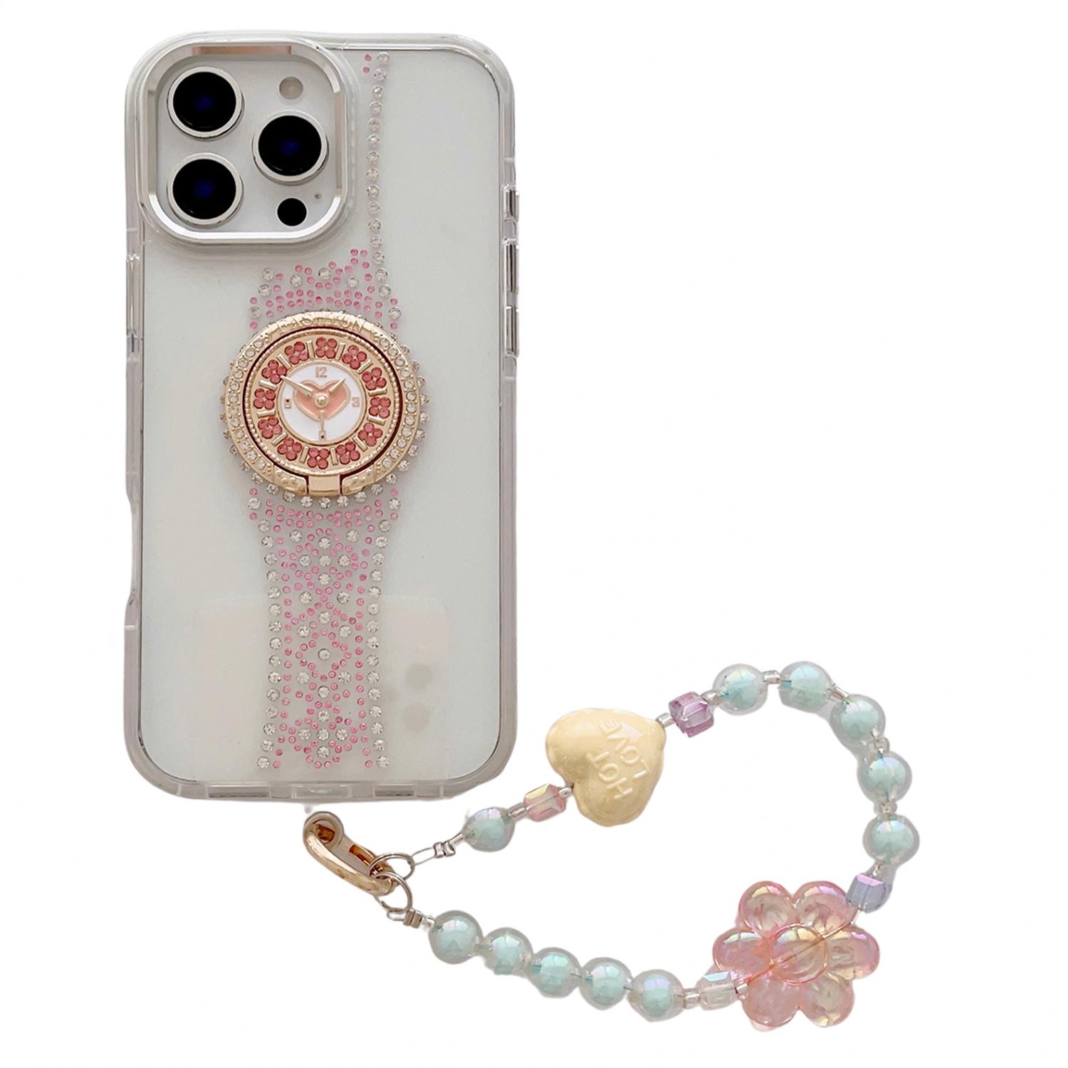 

For iPhone 16 Pro Max Case with Strap,Watch Shape Rhinestone Decor TPU+PC Kickstand Phone Back Cover White