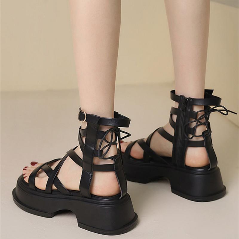 Fashion Sexy High Top Cross Strap Sandals Women Summer Fashion Hollow Zip Design Open Toe Roman Gladiator Thick-soled Platform Sandals