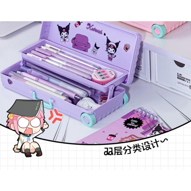 Children Girls Double Layer Large Capacity Plastic Multifunctional Pull Rod Pencil Case