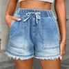 Women's Elastic Drawstring Mid Rise Straight Denim Shorts Non Stretch Frayed Hem Washed Casual Bermuda Shorts