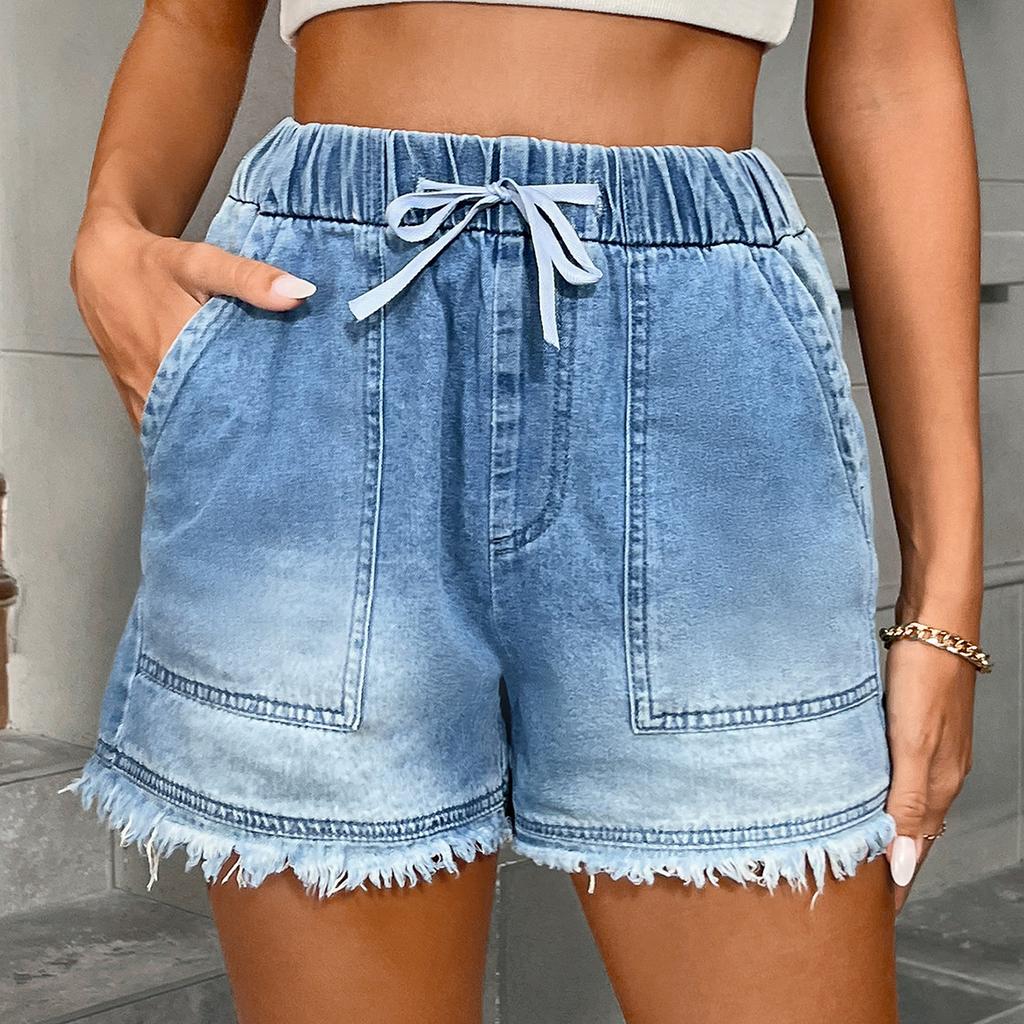 Women's Elastic Drawstring Mid Rise Straight Denim Shorts Non Stretch Frayed Hem Washed Casual Bermuda Shorts