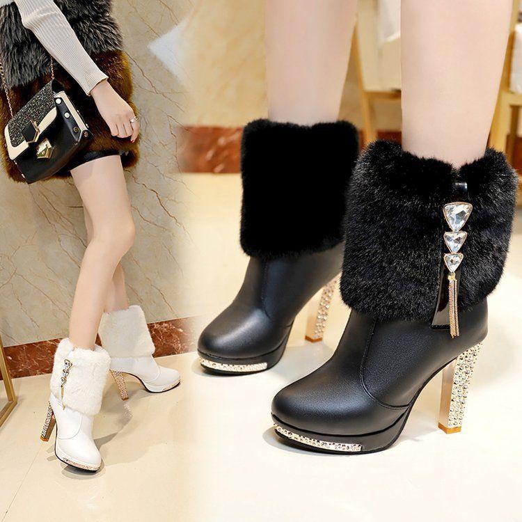 Winter New Fluffy Short Boots Warm Snow Boots Women's High Heel Thick Heel Waterproof Table Martin Boots Rhinestone Fringed Women's Boots