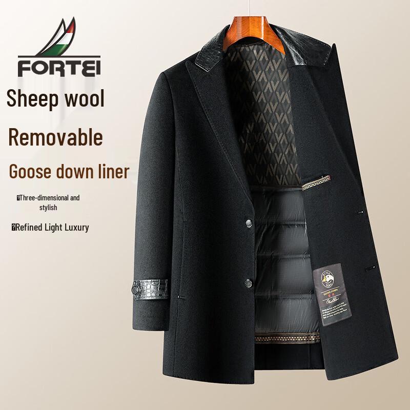 Men's Merino Wool Blend Winter Overcoat with Removable Goose Down Liner
