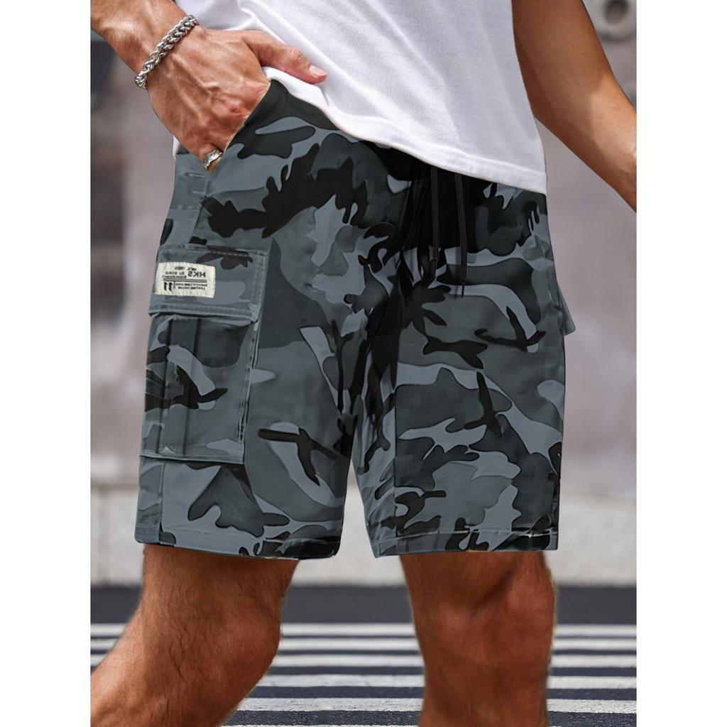 Pánské maskáčové cargo šortky, ležérní volný střih, šněrovací, ke kolenům