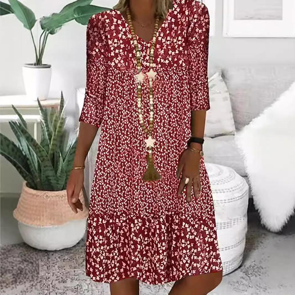 Summer Womens 3d Printed Polyester Vneck Midi Dress With Short Sleeves For Casual Wear