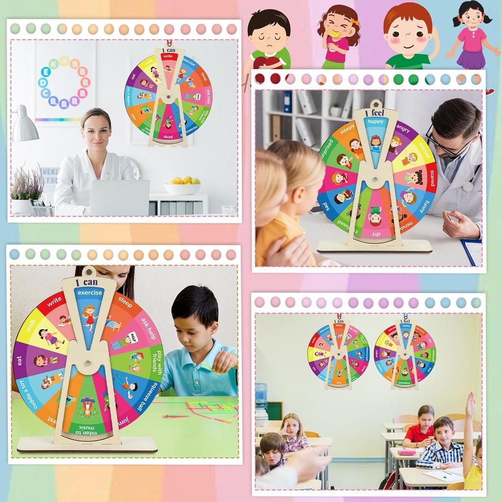 2Pcs Wooden Feelings Wheel Emotion Wheel with Stand 9.5Inch Therapy Office Desk Decor Expression Emotions Chart Mental Health Gifts Therapist Must