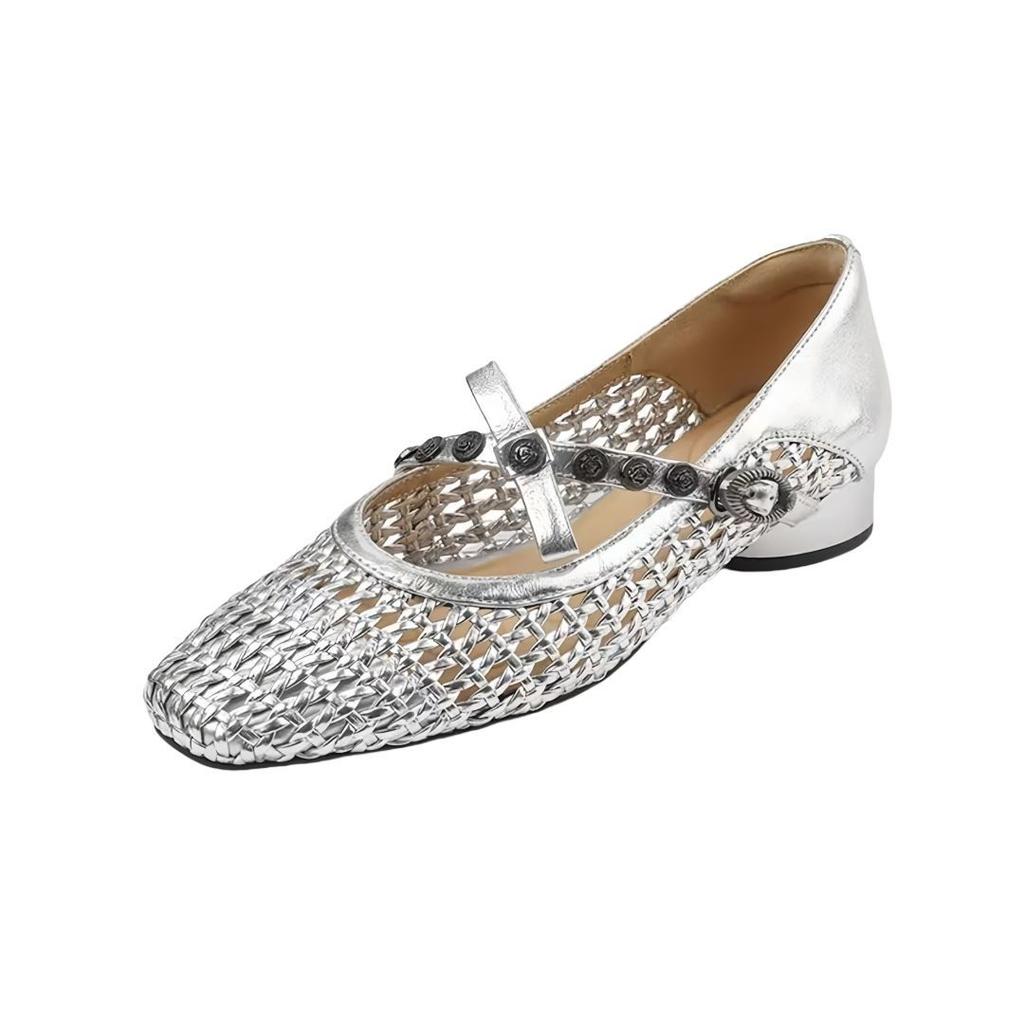 Low Heel Shoes Spring New Style Square Head Light Mouth Color Matching Rivets Line with Soft Sole Non-slip Single Shoes