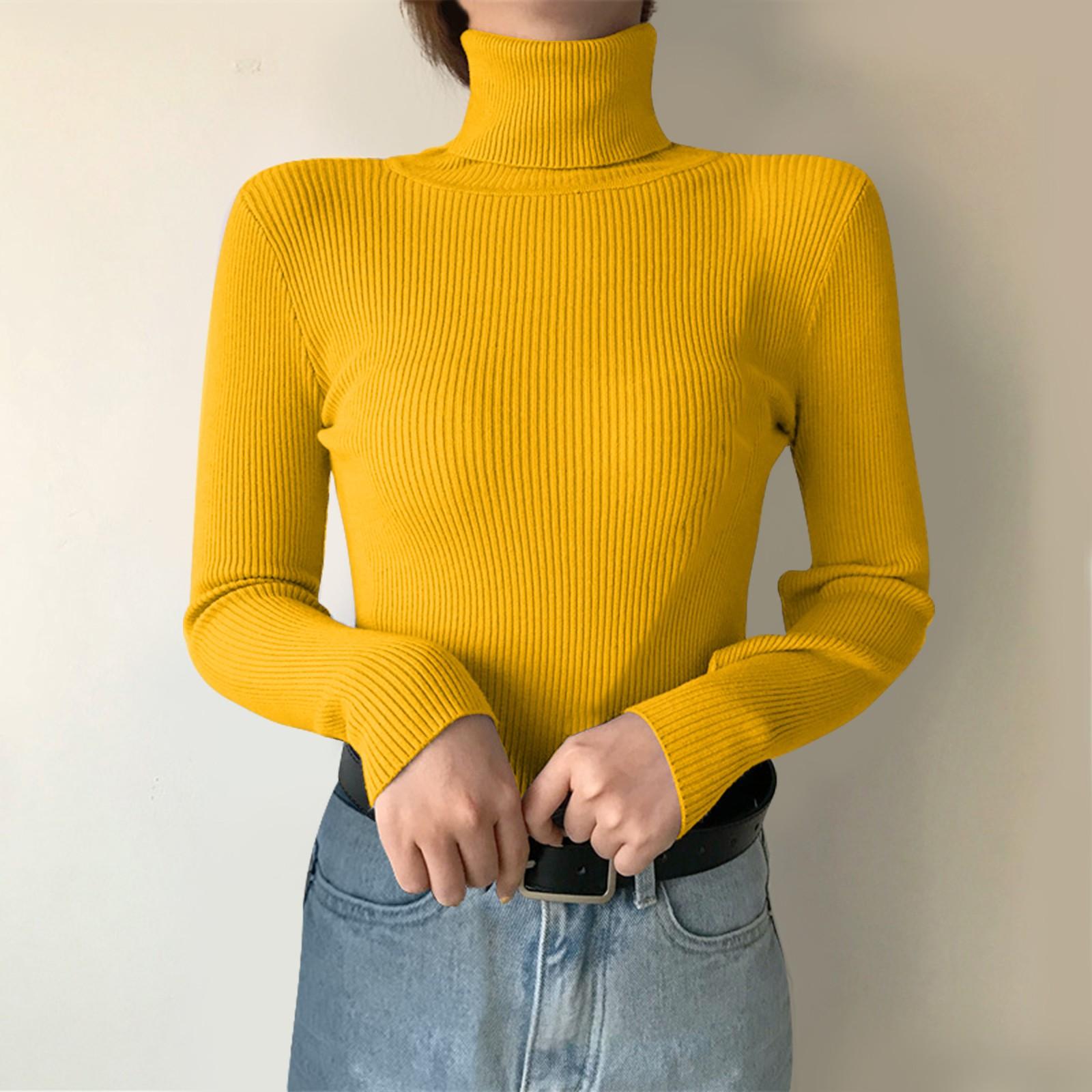 

Женский однотонный вязаный свитер с воротником, обтягивающим низом и длинным рукавом One Size жёлтый