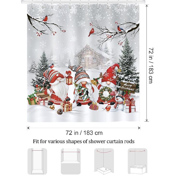 Bonhause Christmas Gnomes Shower Curtain, Xmas Tree Cardinals On Branches Grey Winter Holiday Bathroom Curtain 72 X 72 Inch Polyester Fabric