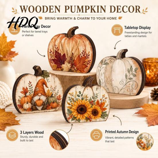 Distressed Farmhouse Ornaments Thanksgiving Fall Pumpkin Table Decoration Rustic Block Wooden Sign Autumn Vintage Decor Tabletop Centerpiece
