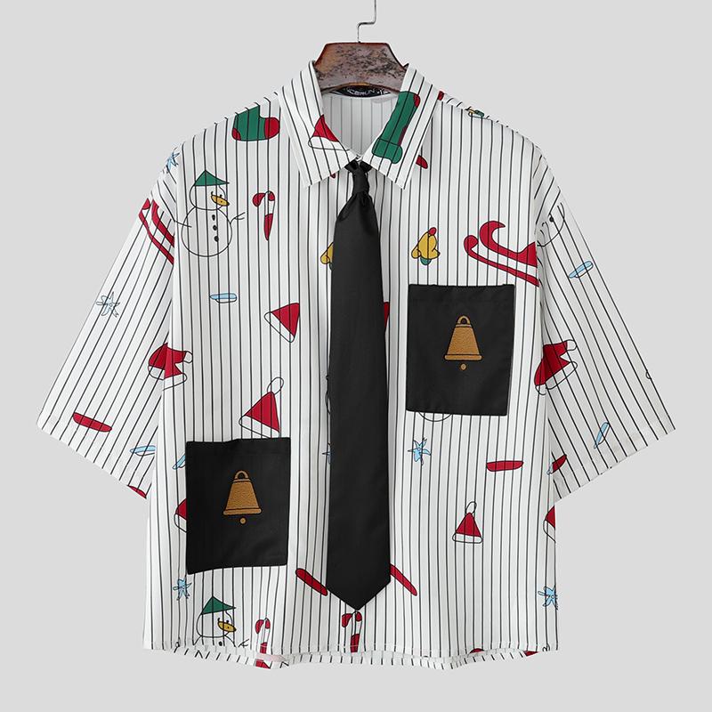 INCERUN Свободные мужские рубашки с коротким рукавом, воротником-лацканом и мультяшным принтом, повседневные S чёрный