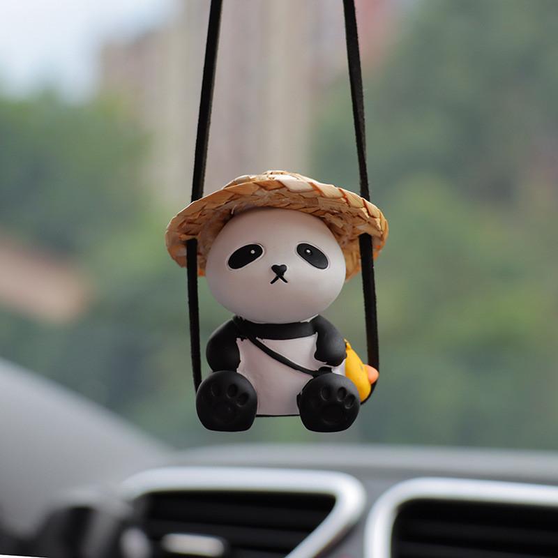 Cross-border Exclusive Cartoon Panda Car Pendant Resin Material Cute Style Grass Hat Panda Automotive Ornament