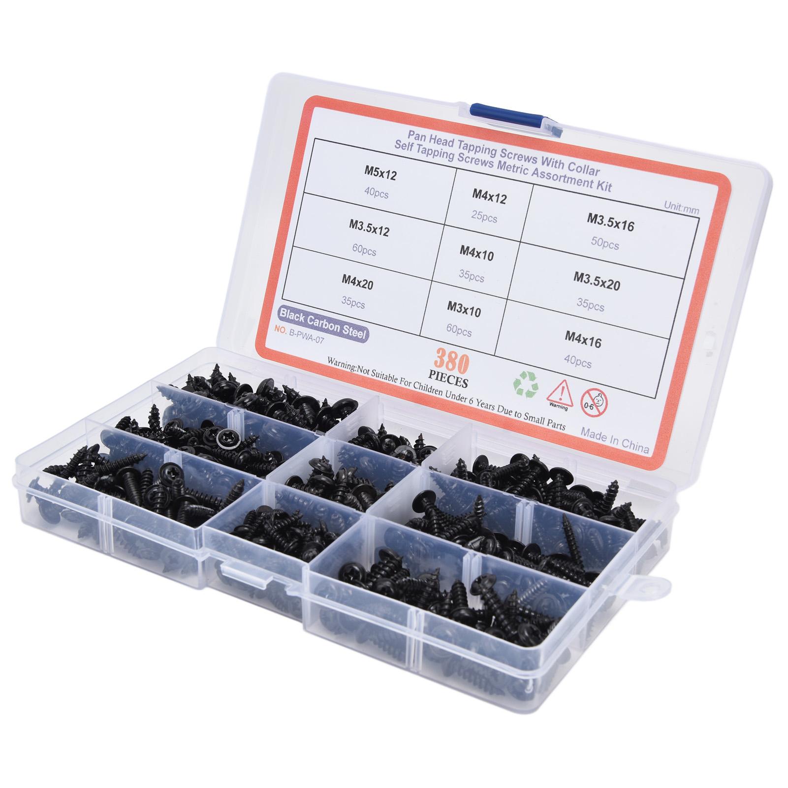 

380Pcs Self Tapping Screws Kit Black Carbon Steel Round Head Self Drilling Screw Assortment