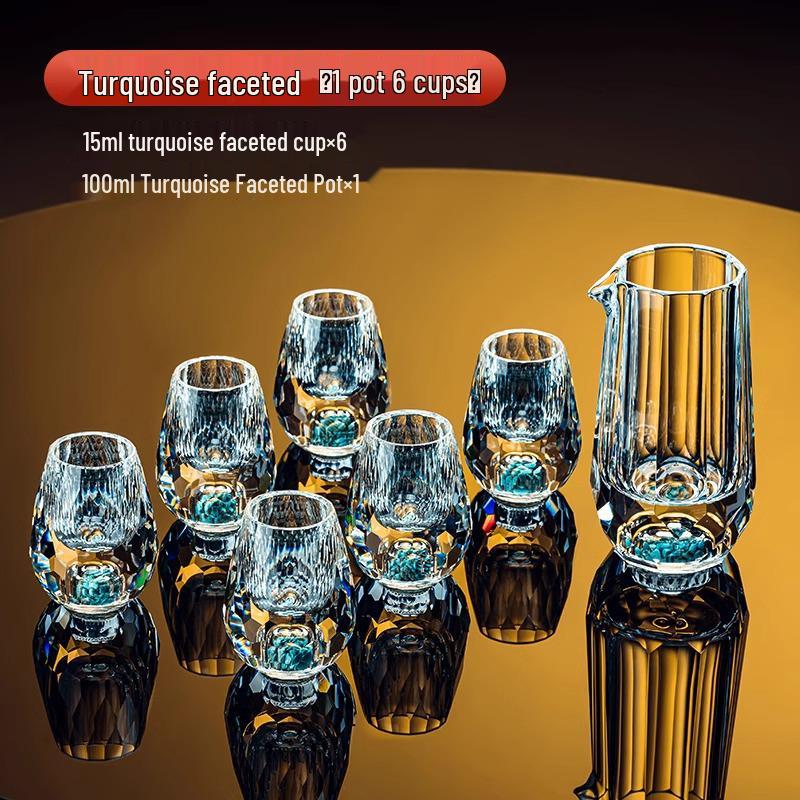 Turquoise Crystal Baijiu Cup Set with Gold Leaf Trim - Goblet Wine Glasses