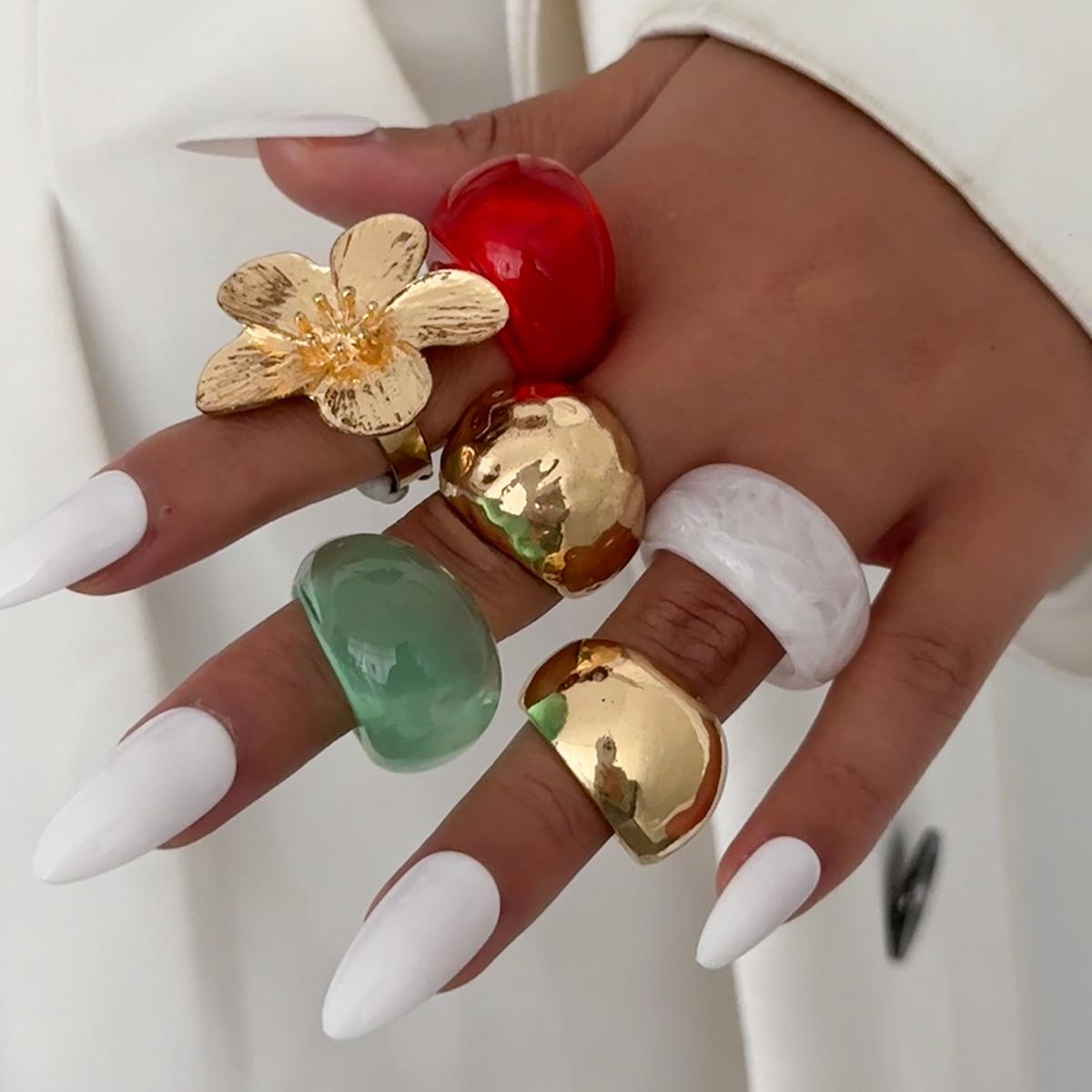 

Ingemark 6Pcs/Set Vintage Geometry Resin Flower Rings for Women Trendy Creative Metal Open Adjustable Knuckle Rings Jewelry Gift