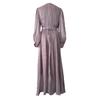 Women Maxi Dress V-Neck Puff Long Sleeve Waist-Hugging Design Long Dress Pleated