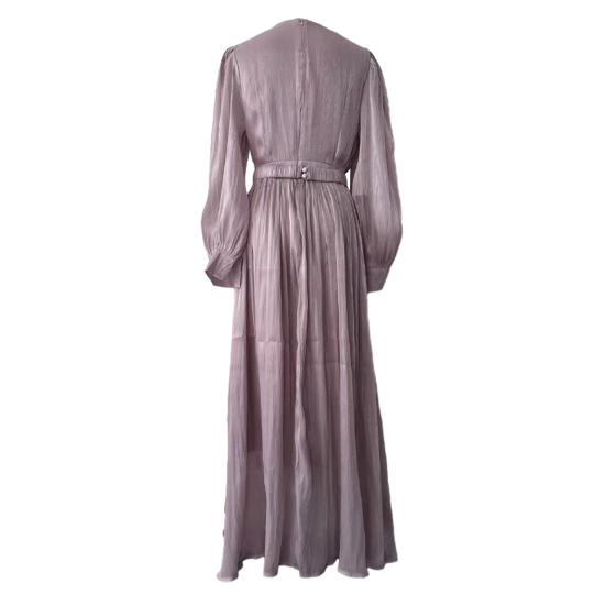Women Maxi Dress V-Neck Puff Long Sleeve Waist-Hugging Design Long Dress Pleated