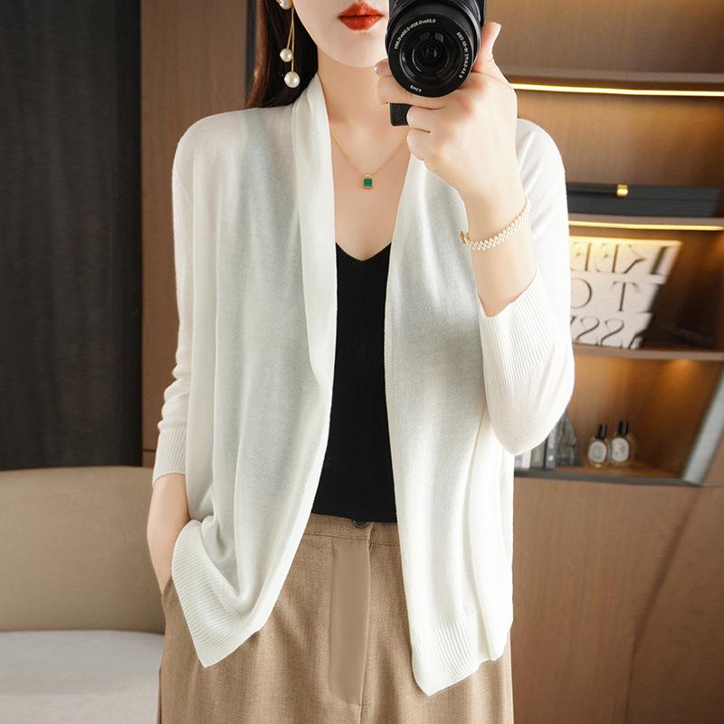 

2025 Summer Knit Ice Silk Sunscreen Cardigan: Solid Color, No-Button, Open-Front Shawl with Thin Long Sleeves for Sun Protection L (50-60kg) бежевий/абрикосовий