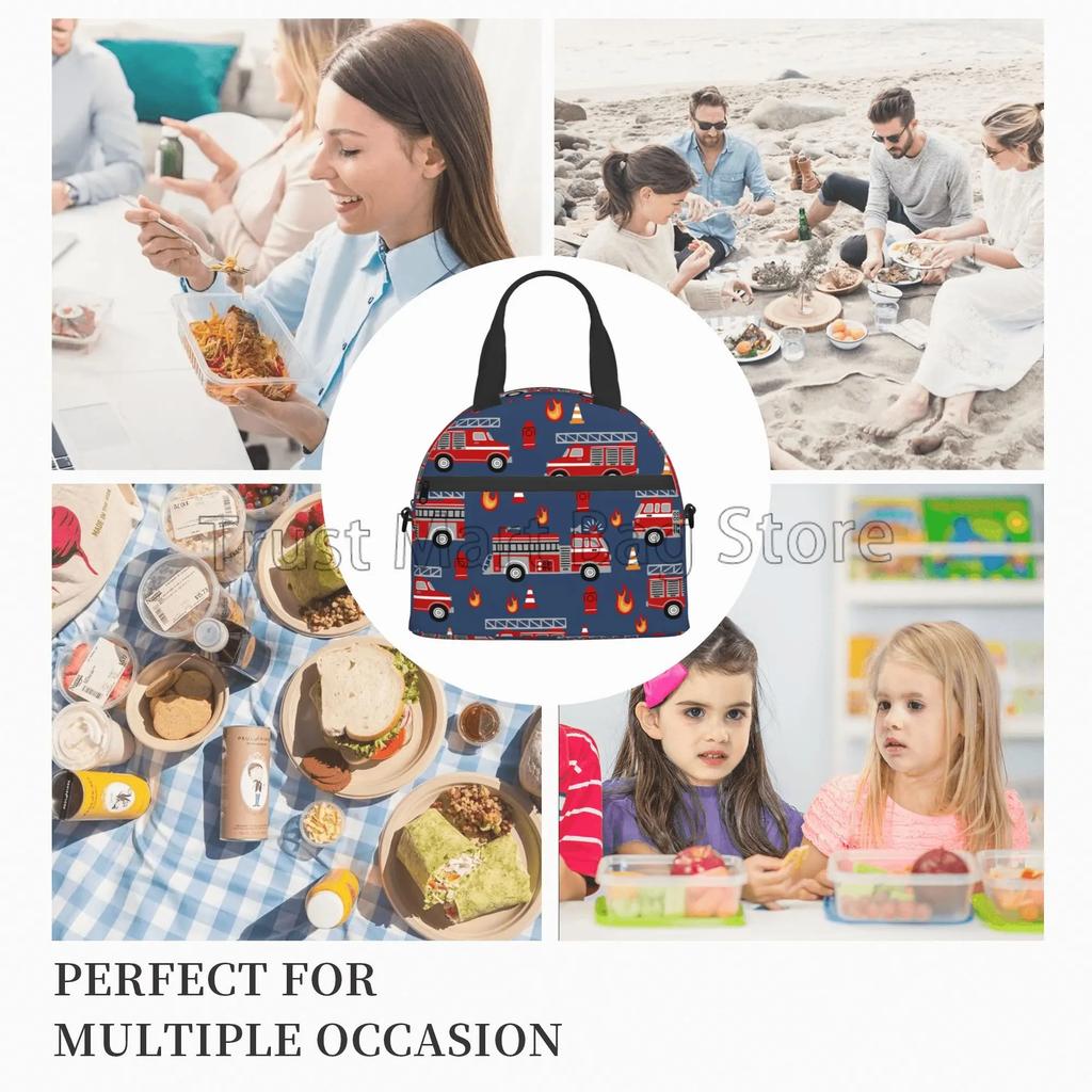 Cartoon Fire Trucks Pattern Insulated Lunch Bag Reusable Thermal Cooler Bag for Adults Kids Bento Tote Bag with Shoulder Strap