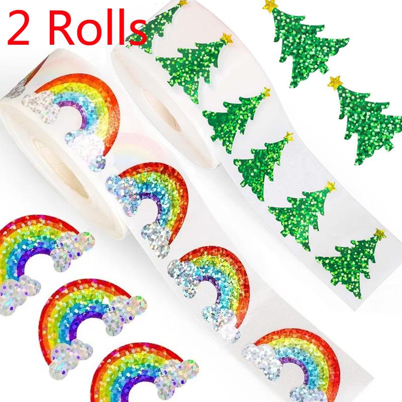 

2 Roll Set 1000pcs Laser Christmas Stickers 3cm Green Christmas Tree Mixed Colored Rainbow Sticker Gift Packag Sealing Sticker about 3cm