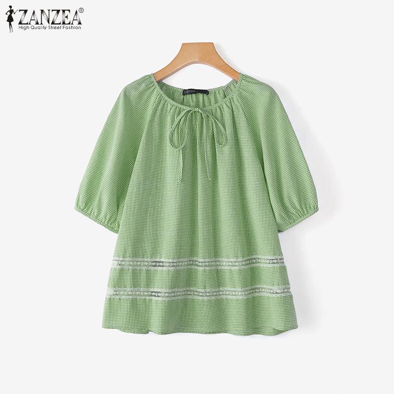ZANZEA Blusa Casual para Mujer de Cuello Redondo, Manga Corta Holgada con Estampado de Cuadrícula