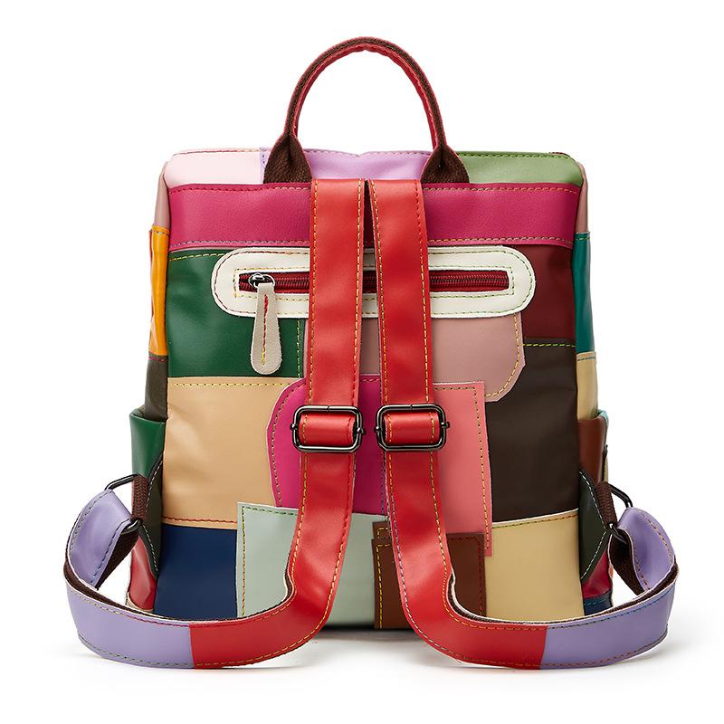 The New Korean Style Soft Leather Color Bag with Patchwork Features A Fashionable and Multi Functional Large Capacity Schoolbag and A Casual Backpack