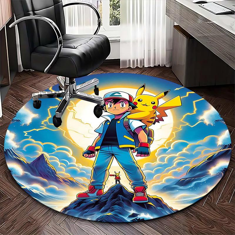 1pc Pokemon Pikachu & Ash Round Carpet - Anime Design Chair Mat for Office, Home Decor, Living Room