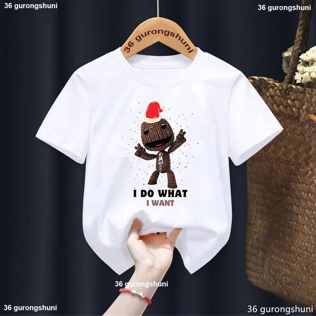 New Boys T-Shirt Funny Video Game Lbp Sackboy Cartoon Print Kid Tshirt Fashion Trendy Boys Clothes Summer O-Neck White Shirt Top