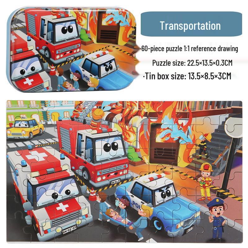 60-Piece Children's Wooden Cartoon Jigsaw Puzzle in Tin Box for Early Education