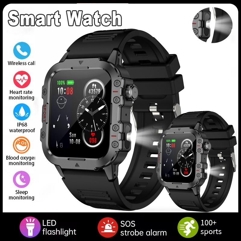 New Outdoors Smart Watch LED Flashlight IP68 WaterProof Multi-Sport Mode Heart Rate Blood Oxygen Monitoring Men Smartwatch