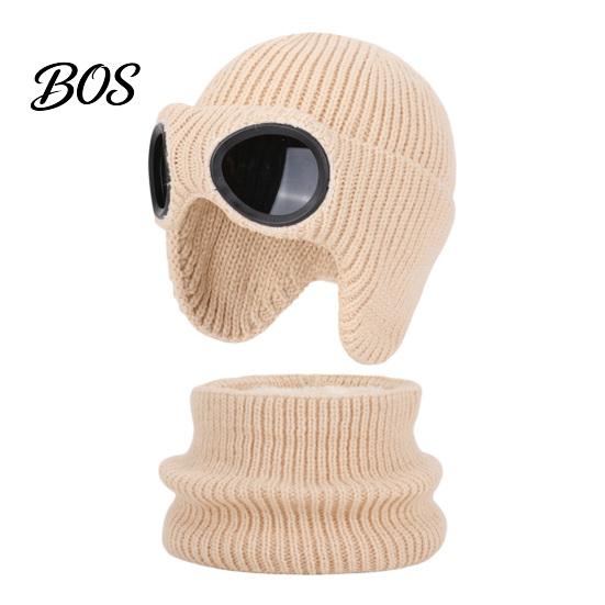 Kids Winter Gift for School Travel 1 Set Knit Hat Neck Warmer Kids, Earflap with Goggles, Windproof Riding Toddlers Fleece Lined Aviator Cap,