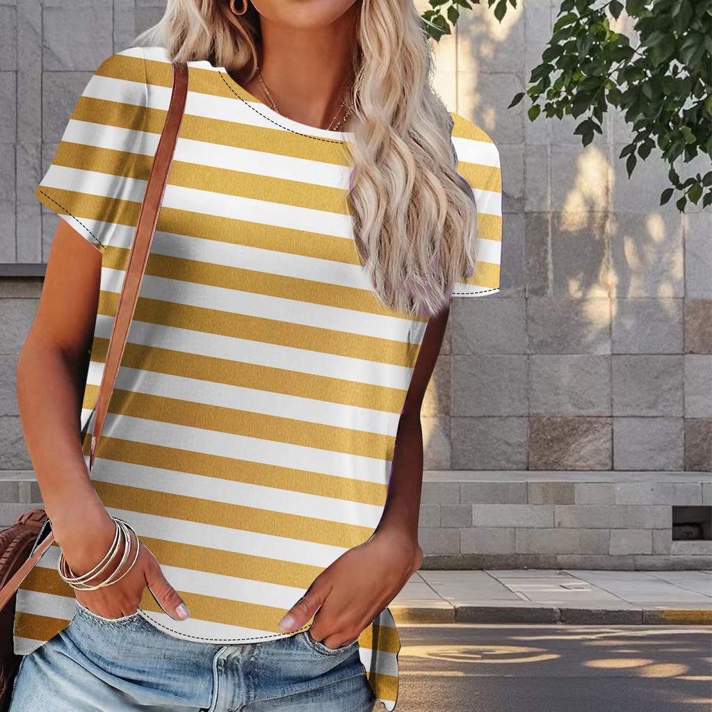 Women Summer Shirt Line T Pattern Print Retro Fashion Short Sleeve Tees Casual Printed Tops